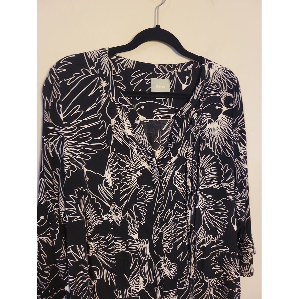 Maeve Black Rayon Bird Print Button Up Shirt Sz 12 Boho Novelty Bohemian - Picture 3 of 7